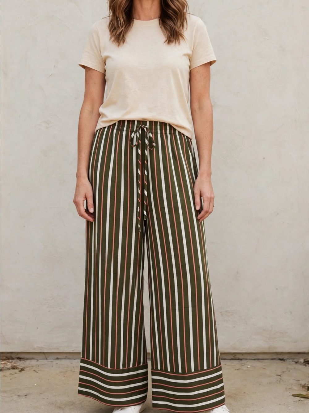 Umgee Olive Vertical Stripe Wide-Leg Drawstring Pants